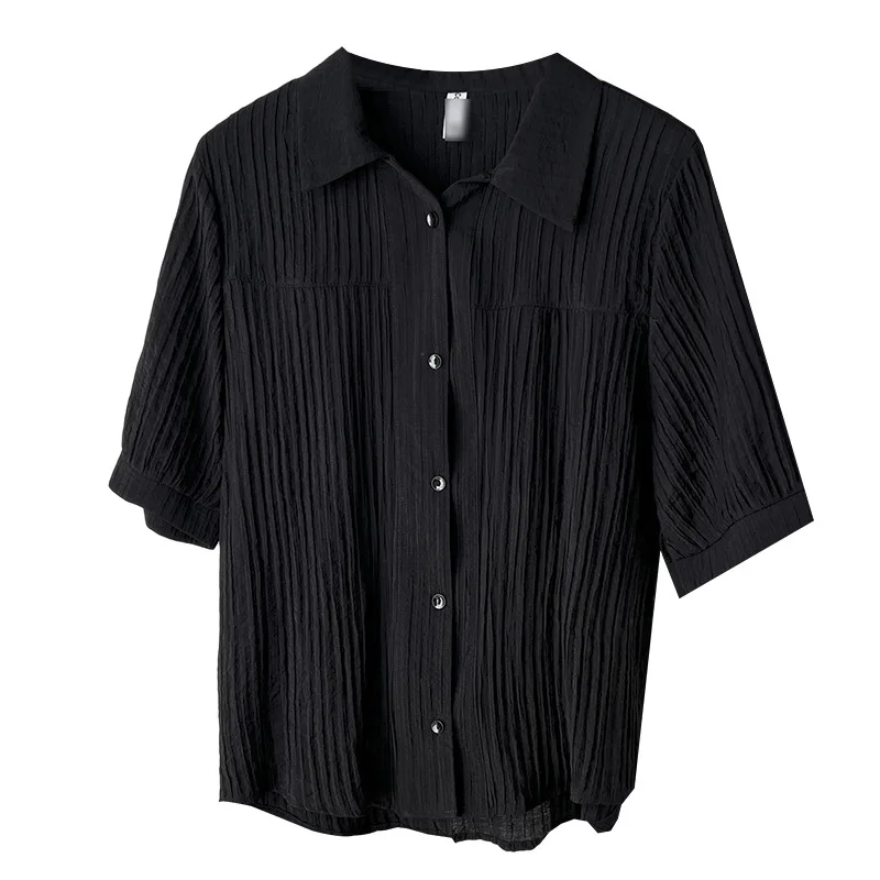 

100kg Summer Thin Blouses New Temperament Micro Wrinkle Short Sleeve Shirt Plus Size Women's Simple Tops 2509