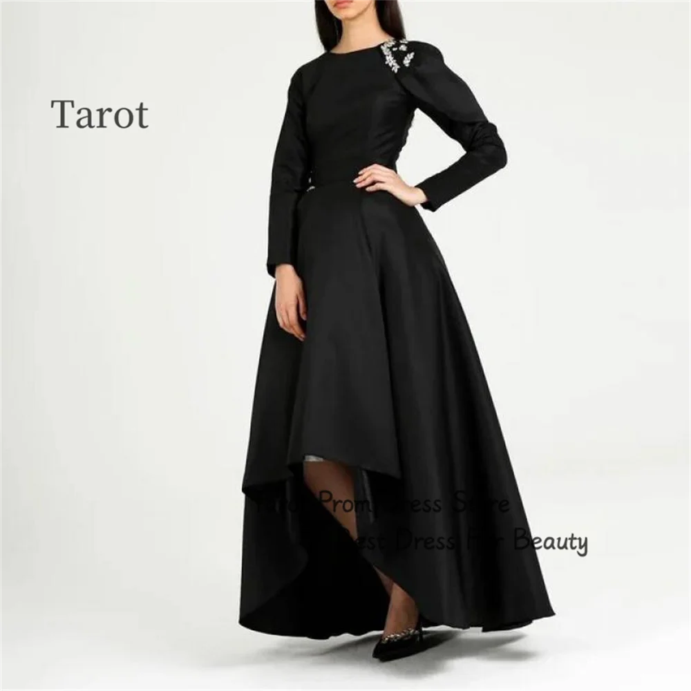 

Tarot Dubai O Neckline Pleated Prom Dresses Satin High Low Crystal Holiday Dress For Women New Sleeveless فساتين حفلة موسيقية