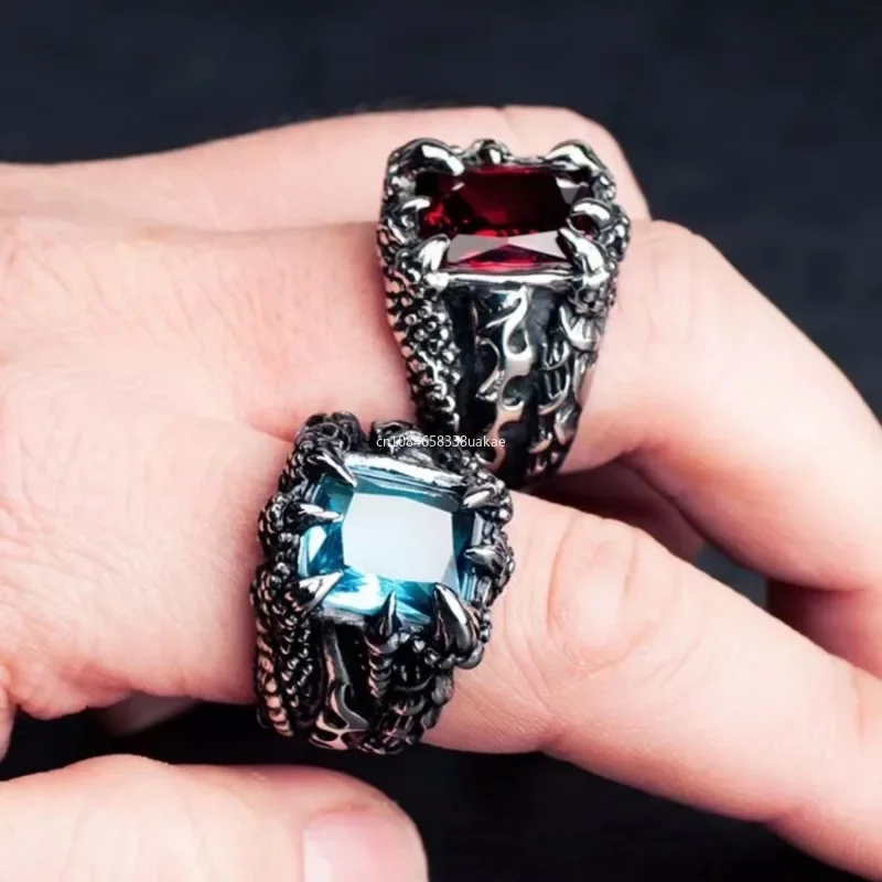 1Pc Gothic Blue and Red Crystal Evil Demon Dragon Claw Ring for Men Gram Biker Punk Rock Hip Hop Cool Jewelry Accessories кольца