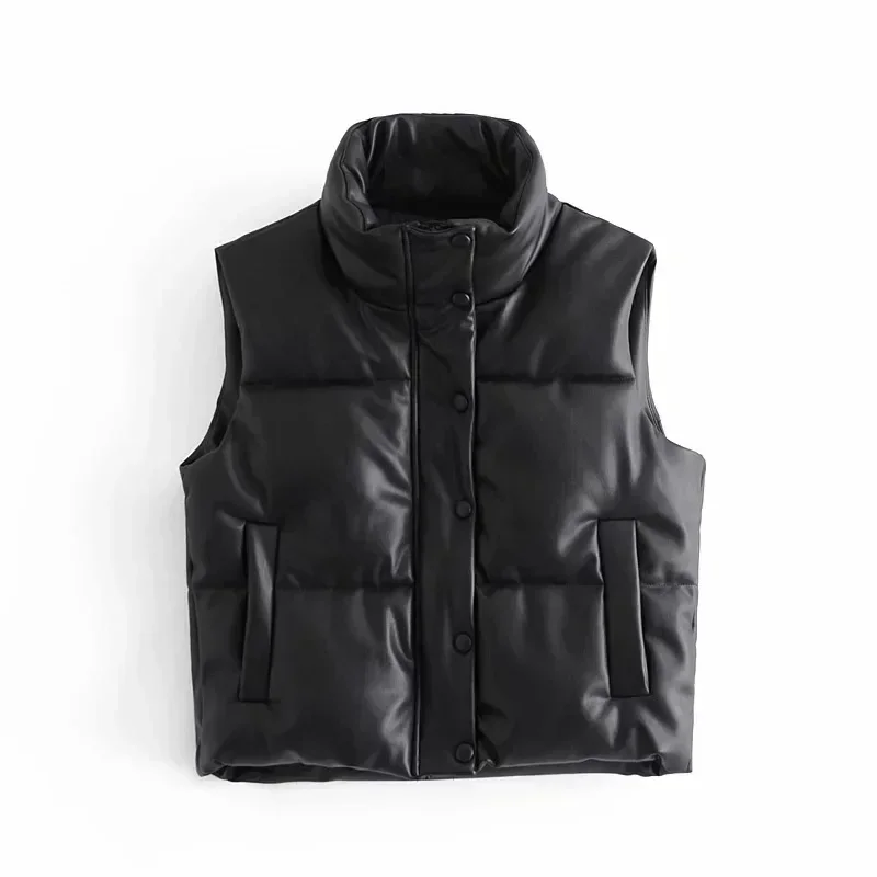 Autunno inverno PU cappotto in pelle donna nero colletto alla coreana gilet donna moda cerniera elegante gilet corto donna