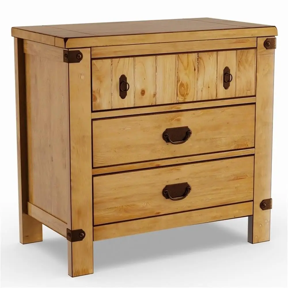 Wood Nightstand 3 Drawer Weathered Brown Felt-Lined Drawer USB & Power Outlet Bedroom Storage 29