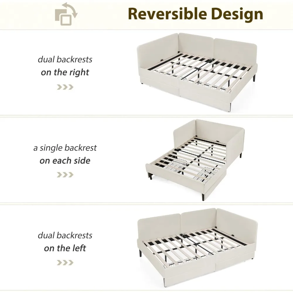 إطار سرير زاوية كامل الحجم على شكل حرف L مع درجين للتخزين، سرير نهاري منجد مخملي مع لوح رأسي ناعم لزجاج غرفة النوم #3