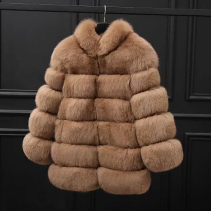 Basics Autumn Winter Women Coats Faux Fur Thick Warm Medium To Long Mock Fur Coat with Stand Up Collar Fox Hair Women's Clothing