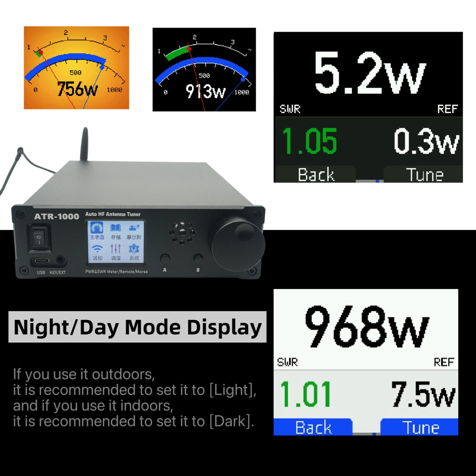 AMNVOLT ATR1000 1000W 1.8-30MHz 자동 안테나 튜너 3가지 모드 HF 단파 라디오 튜너 경량 WIFI 리모컨 지원