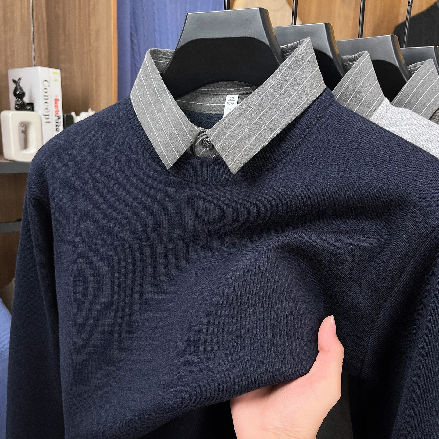 Fashion knitted wool fake two-piece sweater men high-quality new striped shirt collar comfort autumn winter casual warm pullover