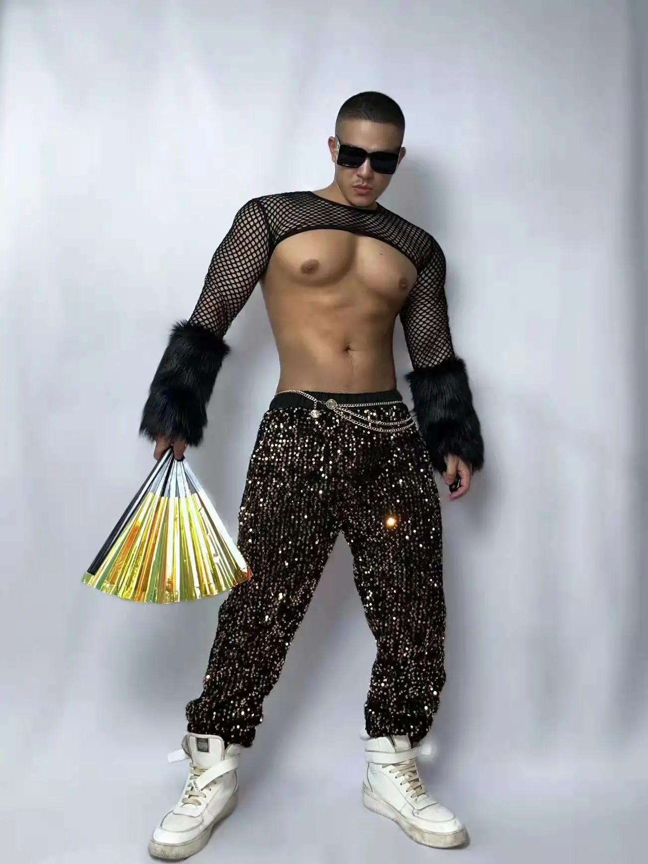 Black Fur Sexy Nightclub Gogo Dance Costume Show Stage Wear Leather Mesh Shoulder Sleeve Sequin Pants Pole Dancing Rave Outfit