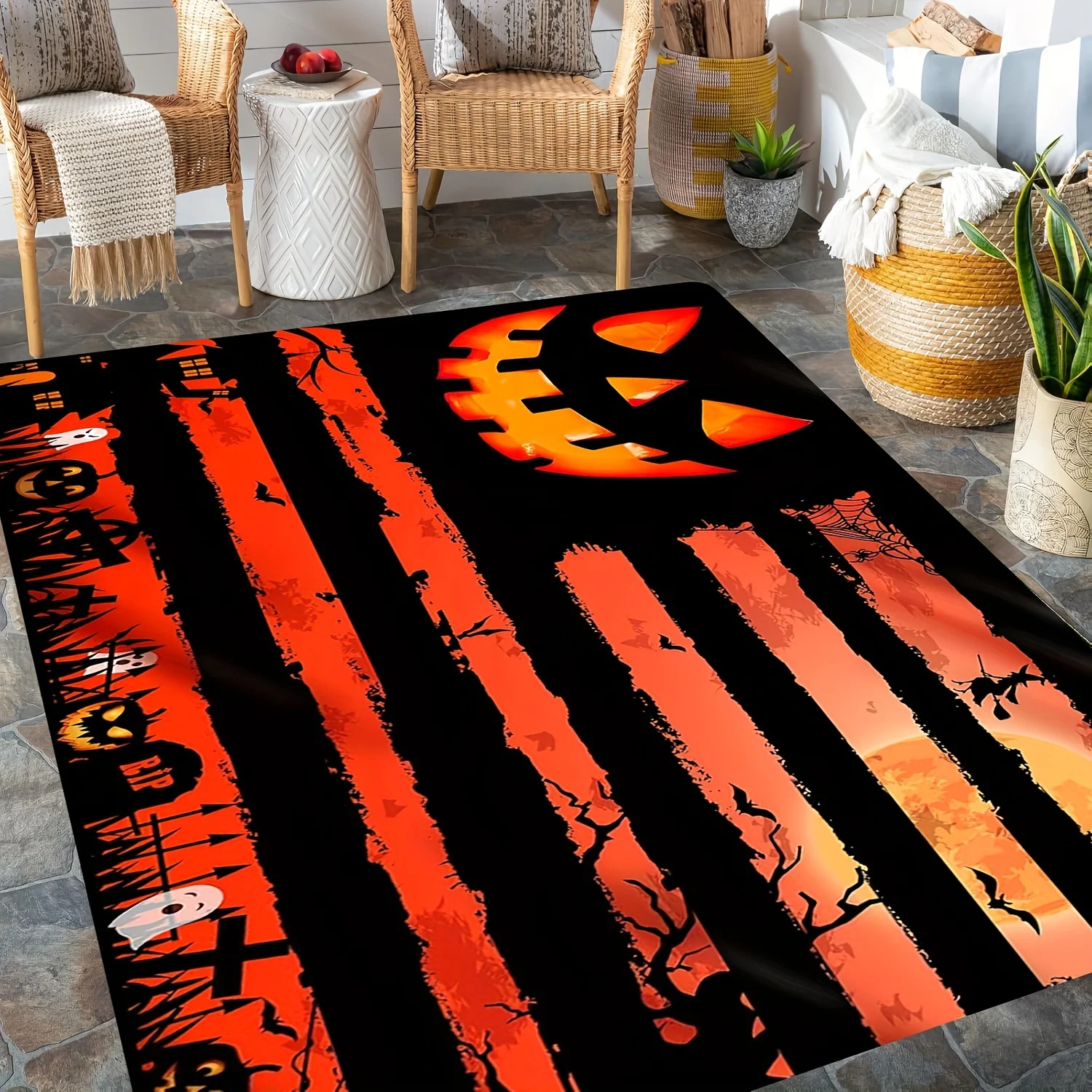 Spooky Halloween Area Rug with Pumpkin and Tombstones Flannel Doormat Non-slip Absorbent Floor Mat for Indoor Outdoor Home Decor