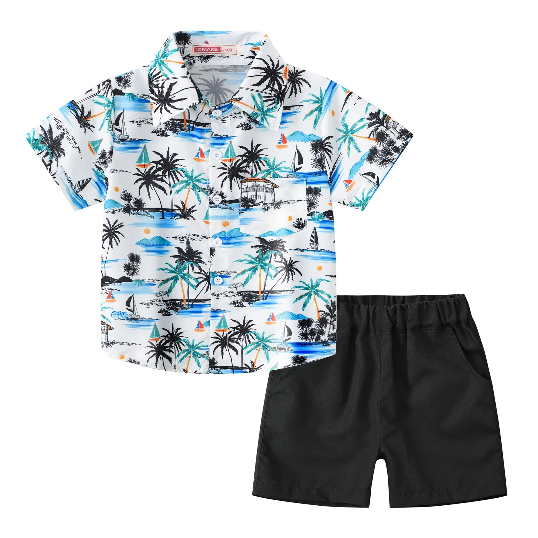Children's Summer Thin Vacation Clothing Set Kids Short Sleeve Lapel Cartoon Print Shirt Tops + Shorts Boys Casual Beach Clothes