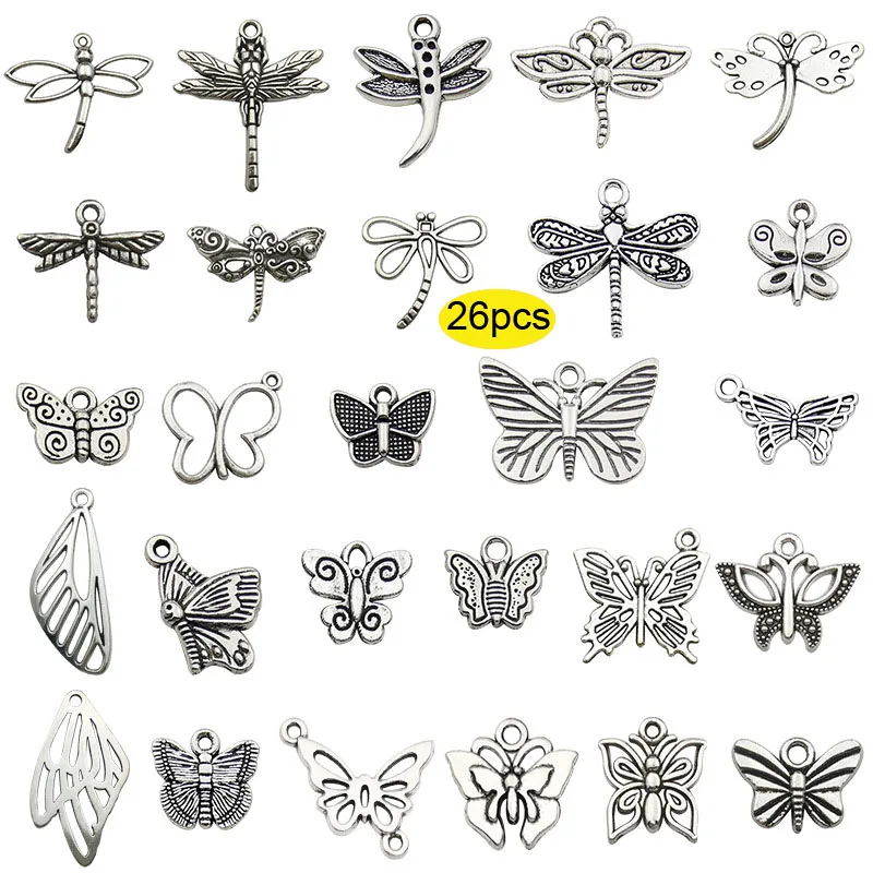 26pcs Dragonfly & Butterfly Charms Pendants for Jewelry Making and Crafting Silver Plated Butterfly Charm DIY Accessories