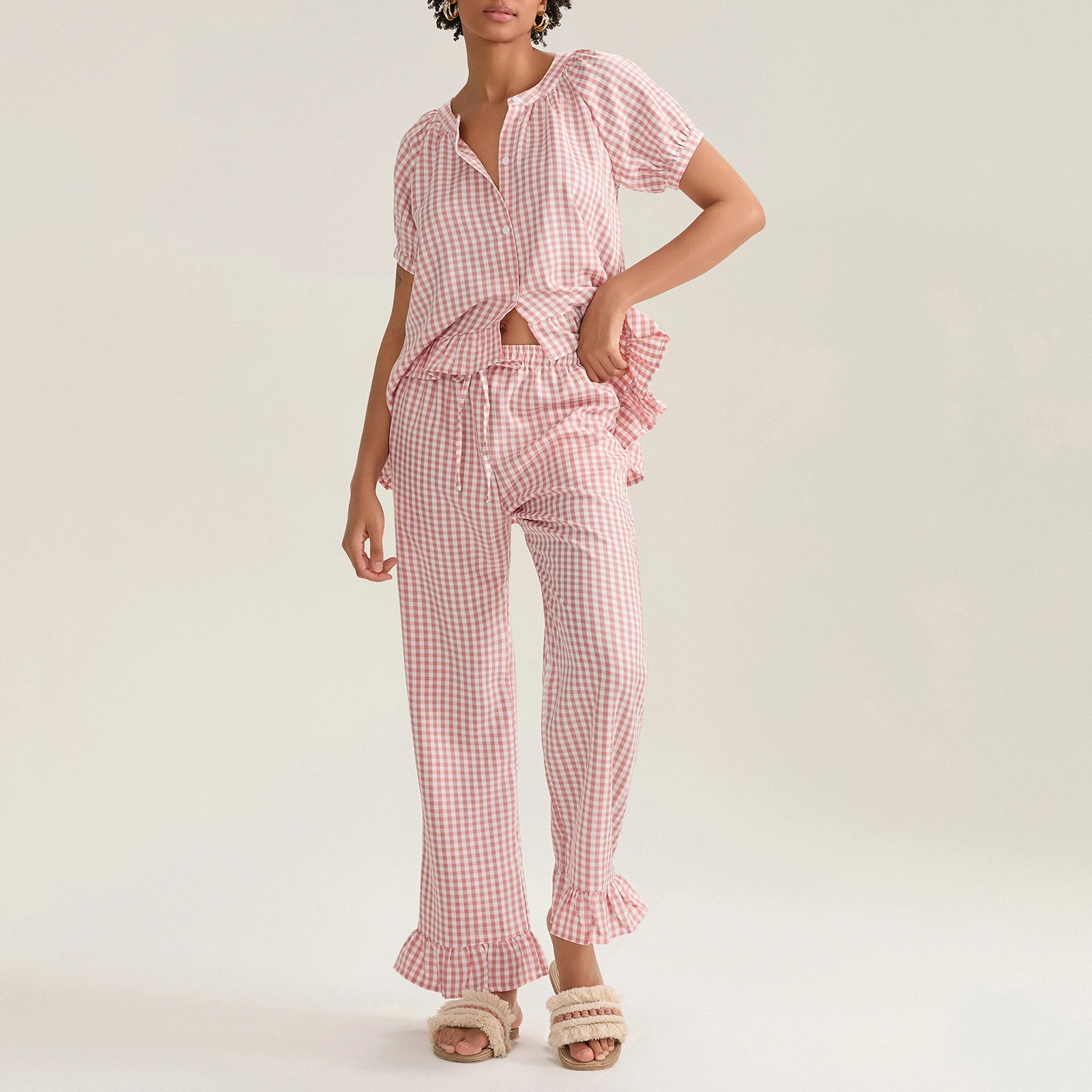 Women’s 2 Piece Pajama Set Short Sleeve Plaid Print Button Up Shirt + Ruffle Pants Set Sleepwear Loungewear