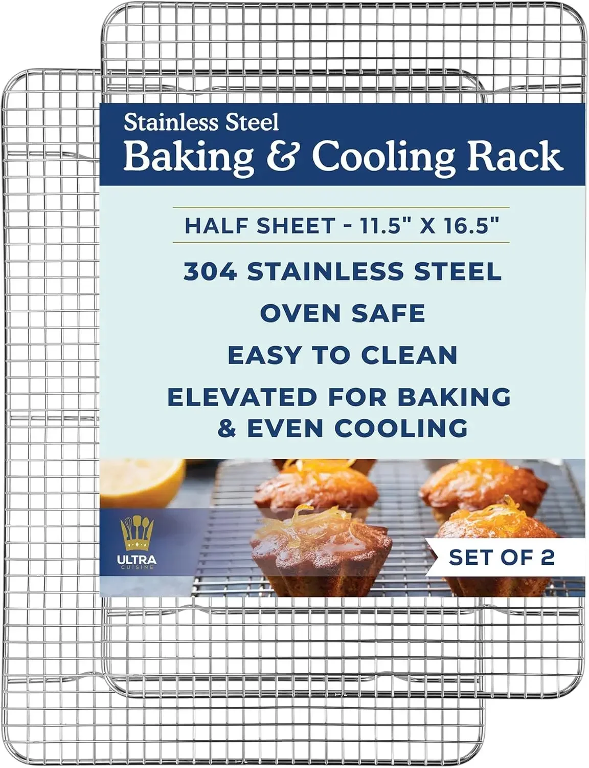 

Ultra Cuisine Oven-Safe, Dishwasher-Safe 100% Stainless Steel Cooling and Baking Rack Set Heavy Duty Tight-Wire - 11.5 x 16.5-inch - Set of 2 - Half Sheet Pan Cooling Racks