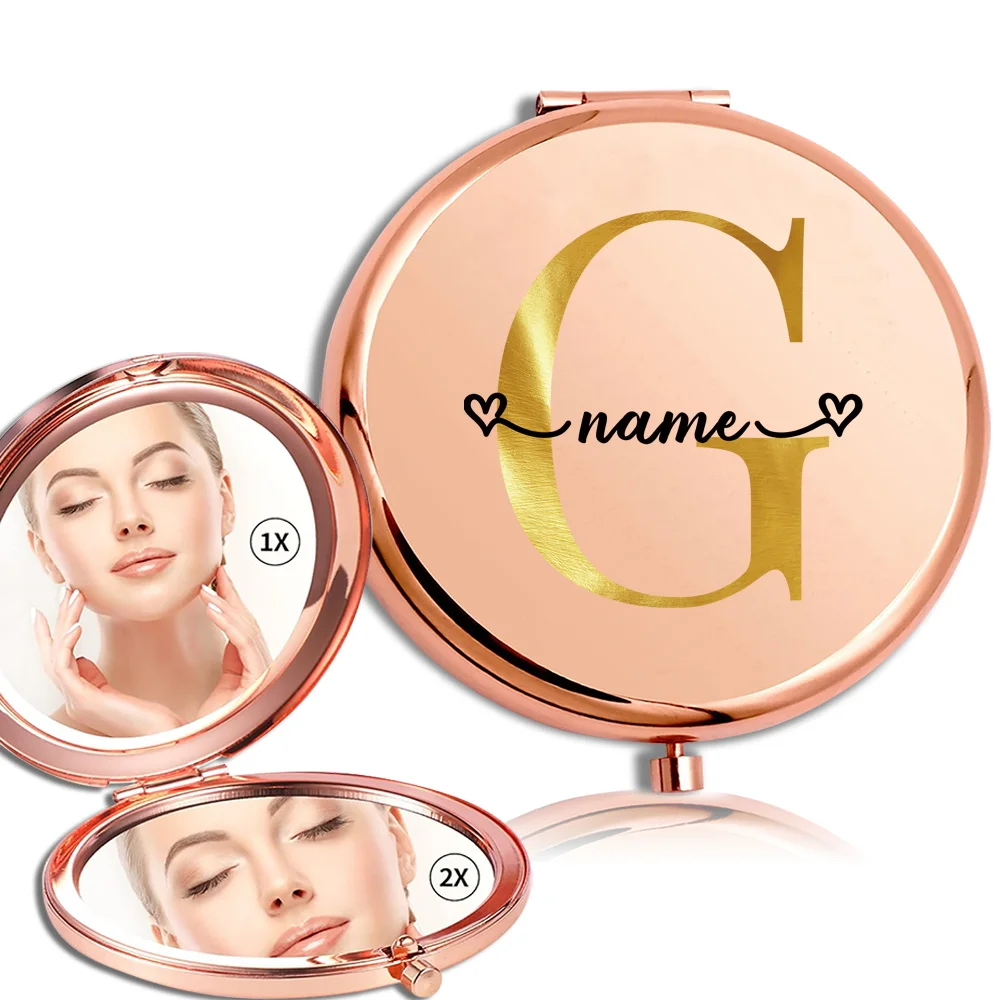 Miroir de maquillage portable en métal avec nom personnalisé, poche, double face, pliable, déterminer, loupe, outil cosmétique de beauté