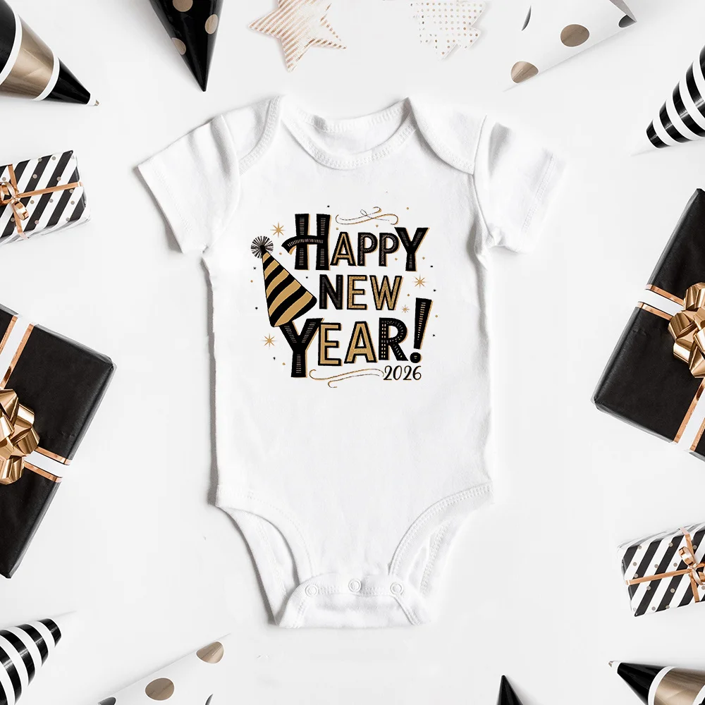 Happy New Year 2026 Newborn Bodysuit Baby 1st New Year Party Baby Outfit Holiday Clothes Boy Girl Short Sleeve Jumpsuit