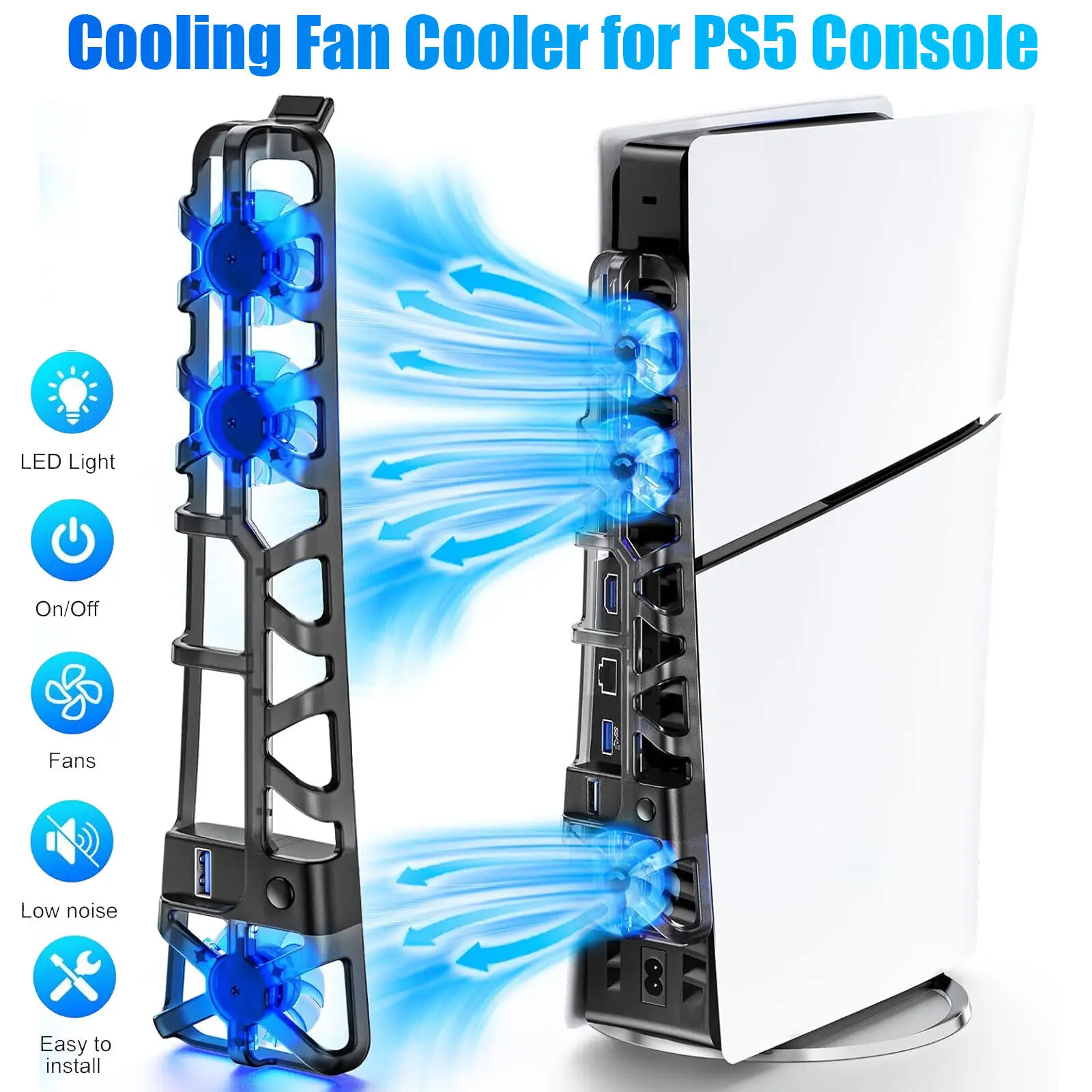 

For PS5 Slim Disc/Digital Console Cooling Fan with LED Light Cooling System 3 Speed 5500 RPM Cooler Fan For PS5 Gaming Accessory