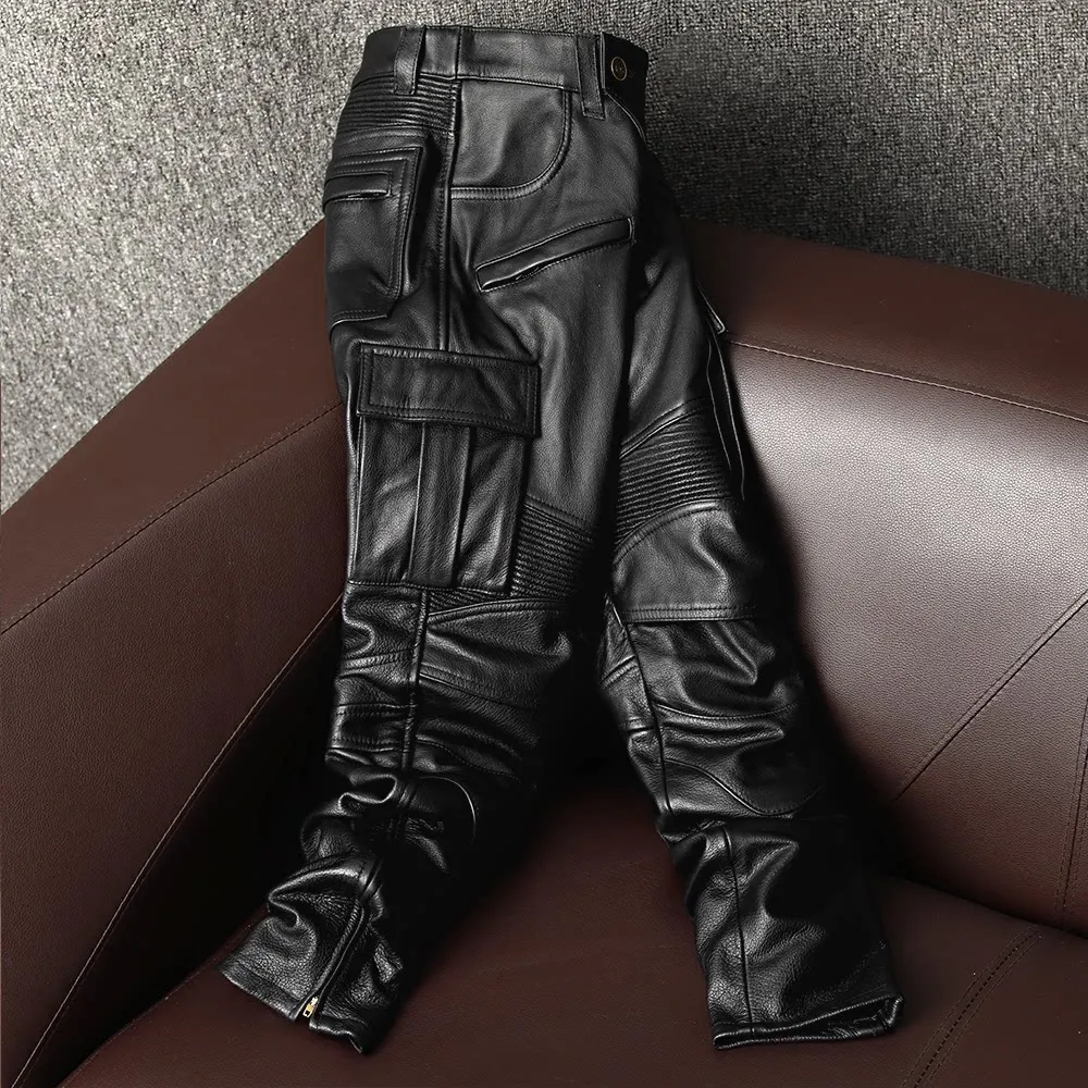 Locomotive first layer cowhide soft motorcycle riding can add protective gear leather pants