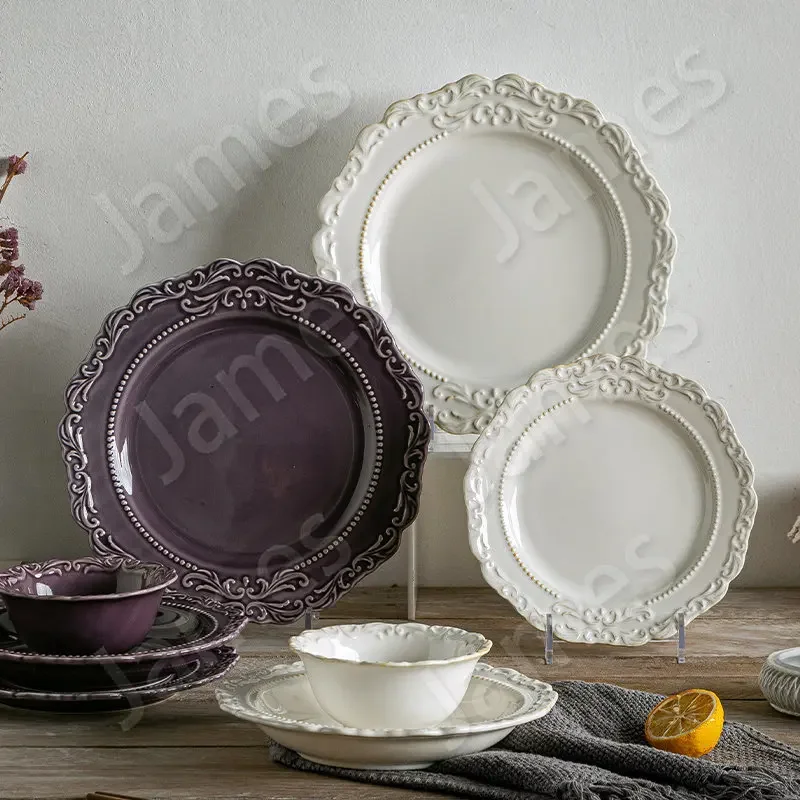 Solid Color Dinner Plate European Style Ceramic Plates Vintage Style Tableware Steak Pasta Dishes Plates Purple Ceramic Plates
