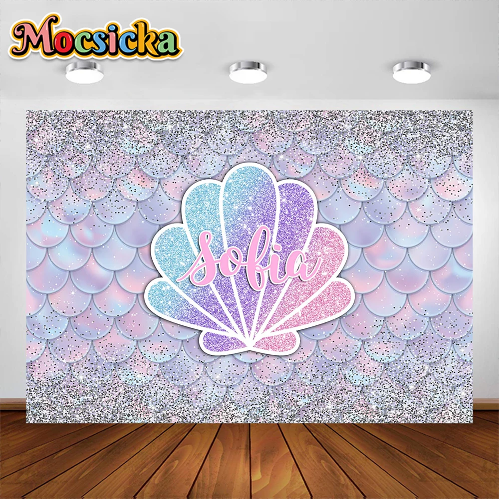 

Mermaid Photography Backdrop Glitter Shell Mermaid Scales Happy Birthday Party Decorations for Baby Shower Photo Background