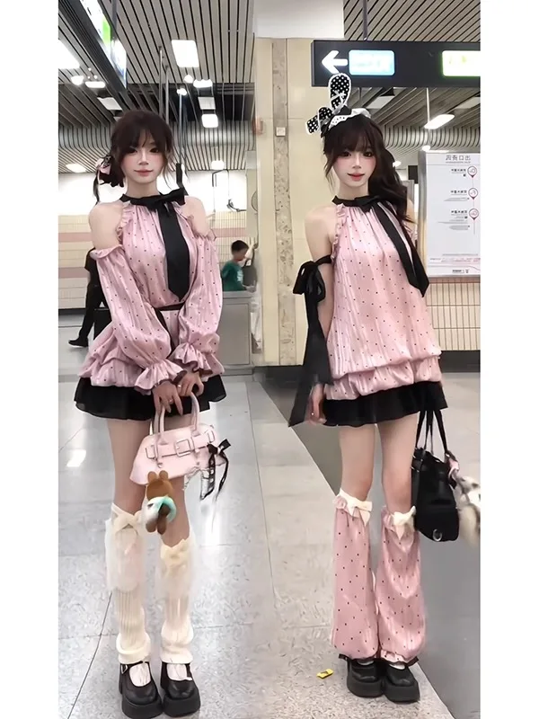 

Sweet And Spicy Millennial Girl Knot Neck Hanging Cake Dress Sleeve Cover Early Autumn Two-Piece Set Women's Fashion