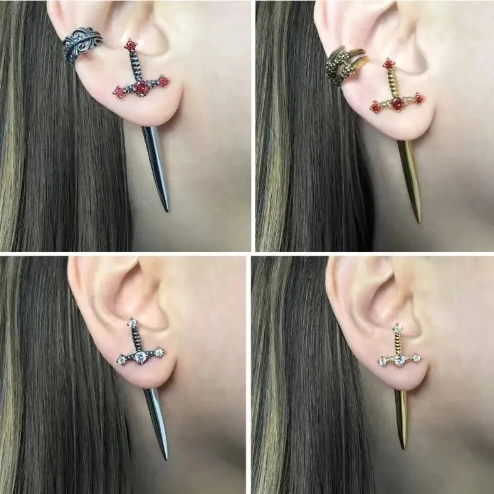 Vintage Cool Punk Gothic Kinitial Sword Earrings Crystal Ear Goth Dagger for Women Earrings Jewelry Gift