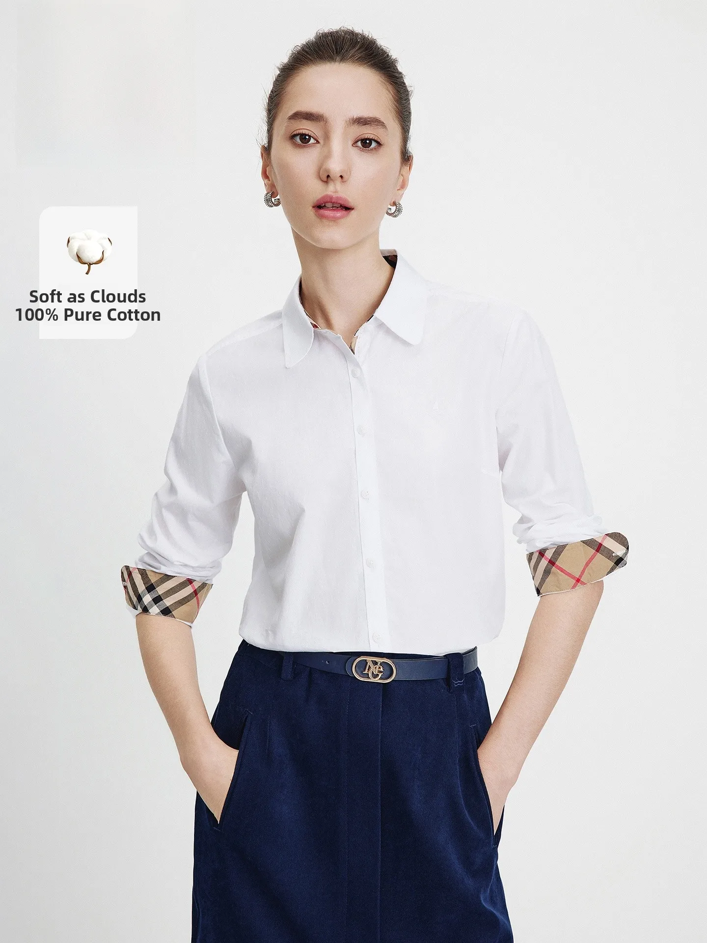 

Navigare Pure Cotton Long Sve irt Women's Casual White irt Spring New Sle Commute OL Sle Straight Cut Button Design