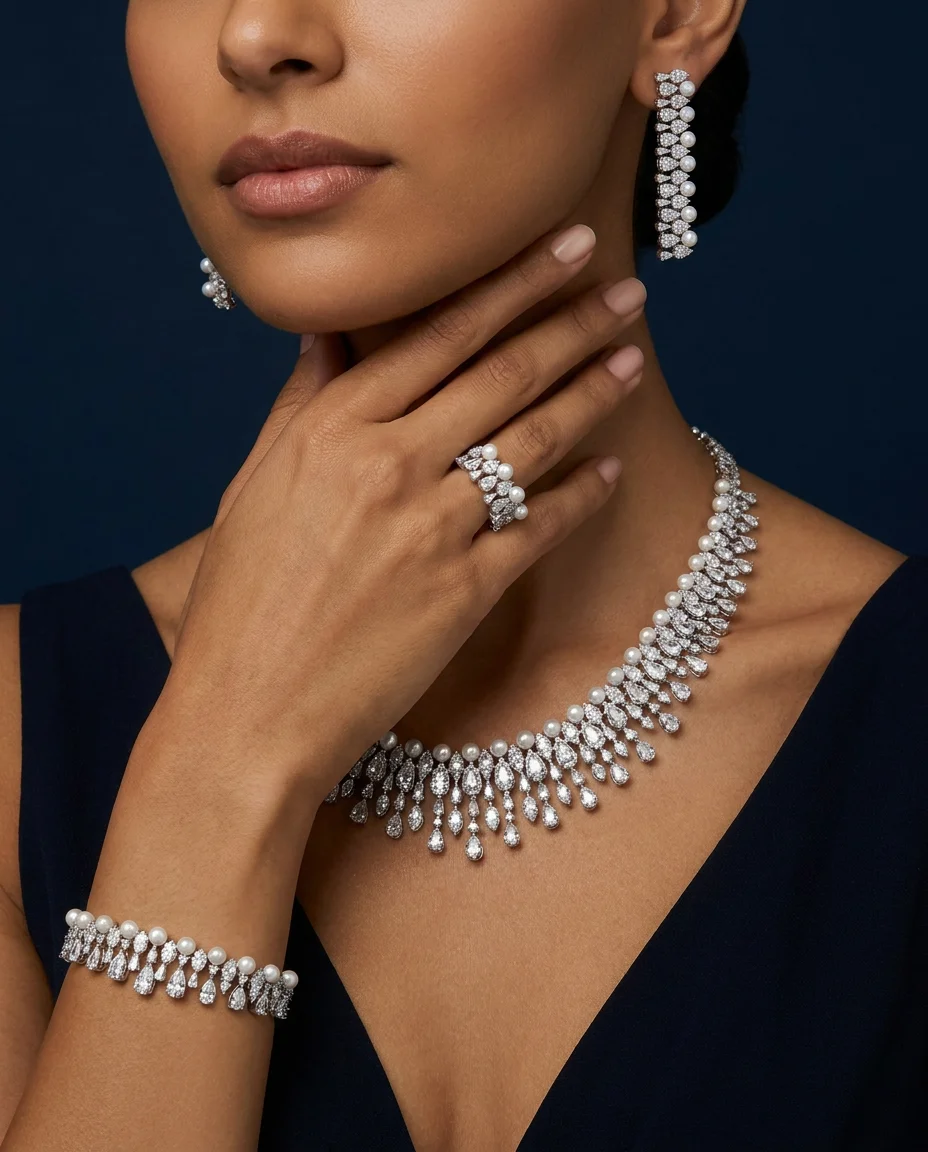 Bride Talk Luxury 4Pcs Bridal Jewelry Set Elegant Pearl Zircon Necklace Earrings Bracelet Ring Set for Wedding Party Accessories
