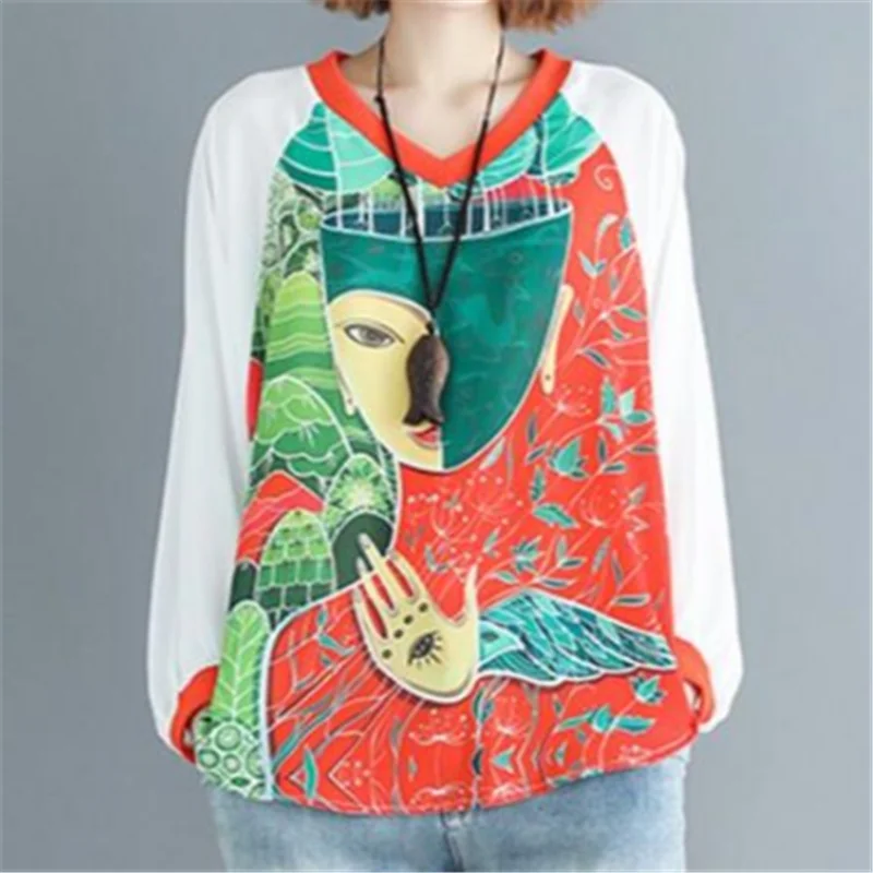 

Blouse Women Chiffon Tops And Blouses Summer Character Printed V-Neck Long Sleeve Oversize Shirts Colorful Blusa Female