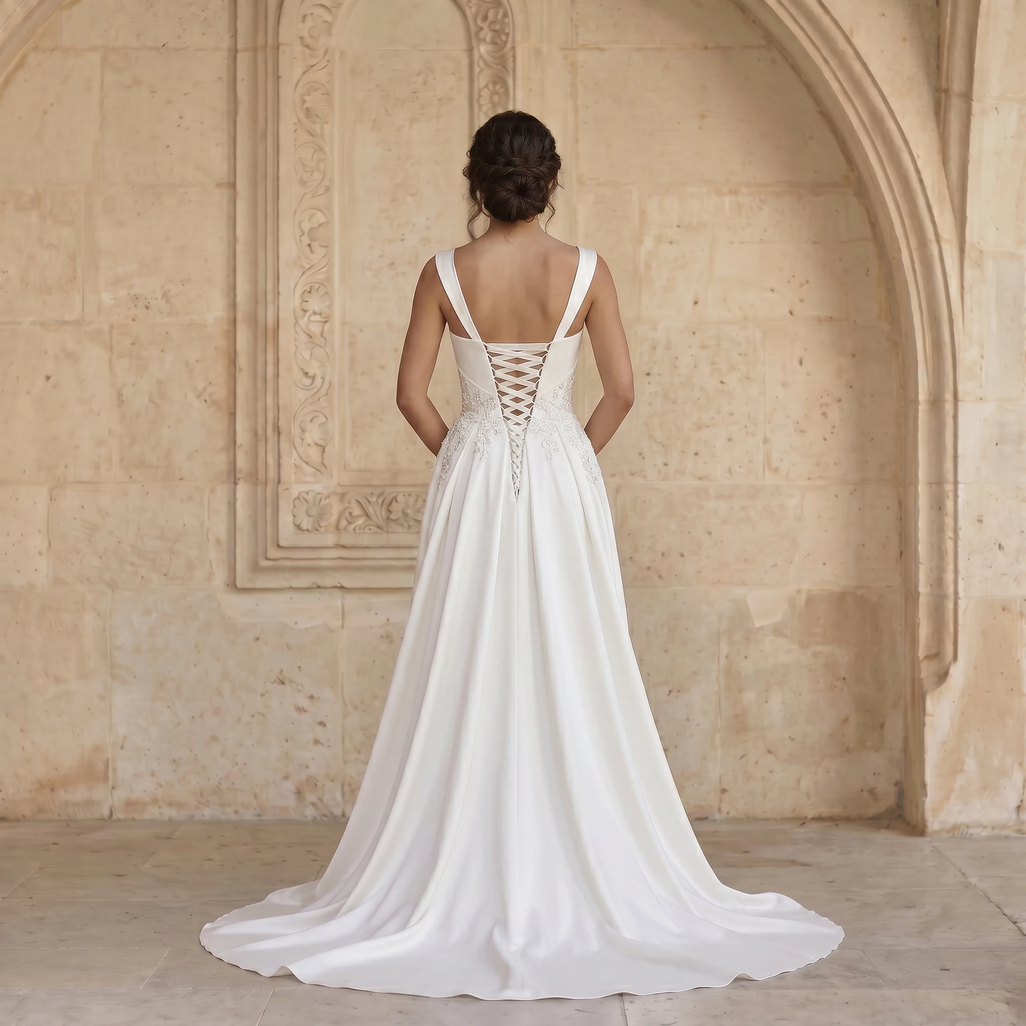 Square Wide Strap Satin A Line Wedding Dress Floral Lace Waist Corset Lace Up Back Chapel Train Minimalist Bridal Gown