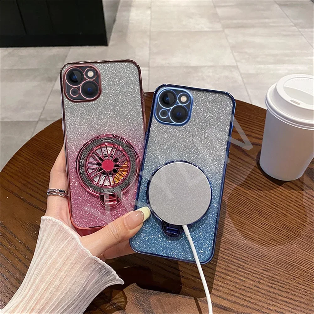 Glitzernde, stoßfeste Gyro-Telefonhalter-Hülle mit Farbverlauf für Samsung Galaxy S24 23 22 Plus S23 FE S22 S21 Ultra Silikonhülle