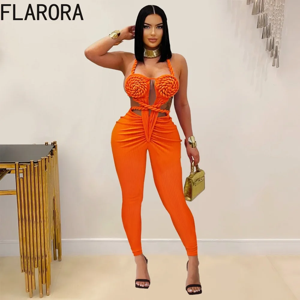 FLARORA Sexy Halter Knit Jumpsuits Woman Hollow Out Backless Sleeveless Ruched Skinny One Piece Overalls Summer Beach Jumpsuit