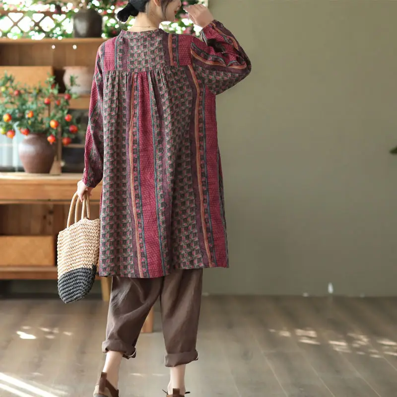 Vintage 2023 Button Round Neck Printing Long Sleeve Womens Spring Autumn Ethnic Style Loose Fitting Mid Length Straight Dresses