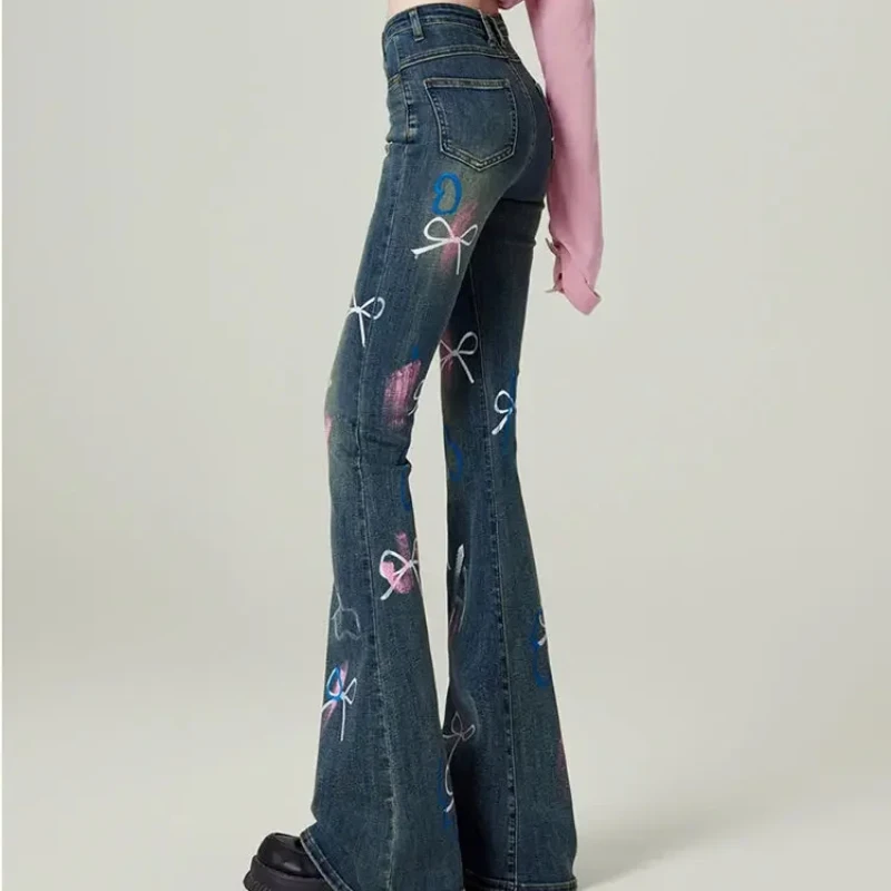 Graphic With Print Flare Trousers Pattern Womens Flared Jeans High Waist Shot Fitted Trend 2025 Unique R Z Denim Pants for Women