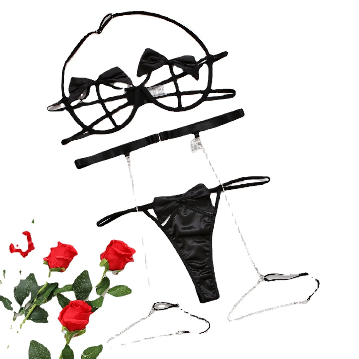 Sexy Lingerie 2022 June Cross Border New Style Sexy Bow Tie Straps Backless Lingerie Three Piece Set With Garter Belt For Women