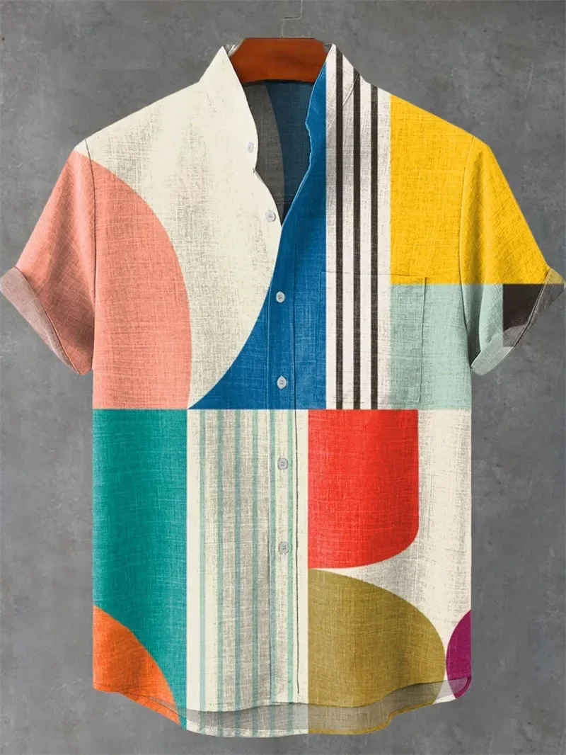 Men's New Geometric Shapes National Style Short Sleeved Shirt Summer Comfortable Fabric High-quality Button Up Top Retro Shirt