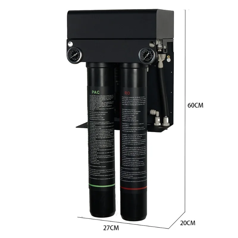 Wall-mounted reverse osmosis system has self-cleaning function and is suitable for households, restaurants and campers.