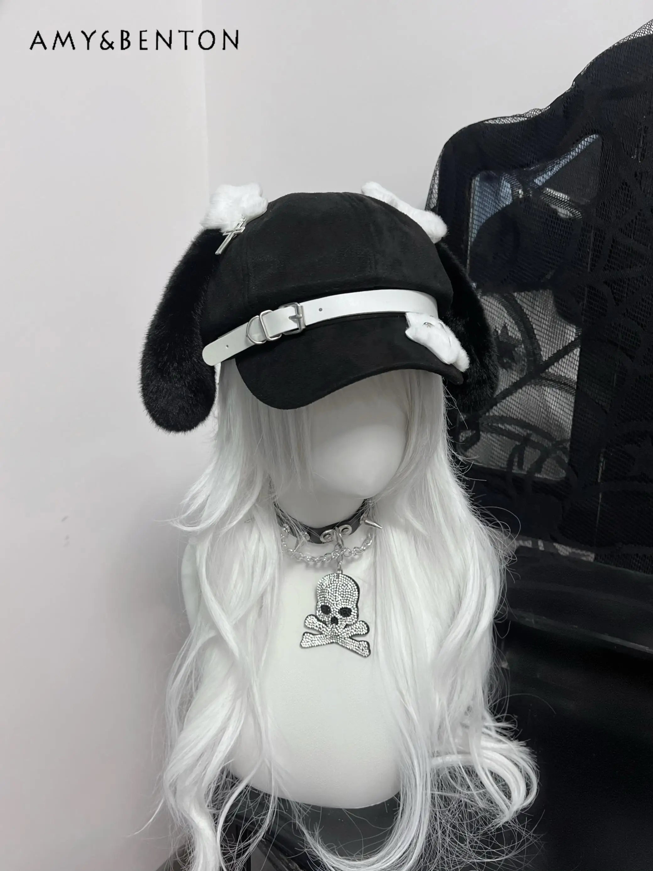 Original Black Puppy Ears Kawaii Berets Caps for Women Subculture Cute Personality Hats Japanese Style Mine Series Goth Hat