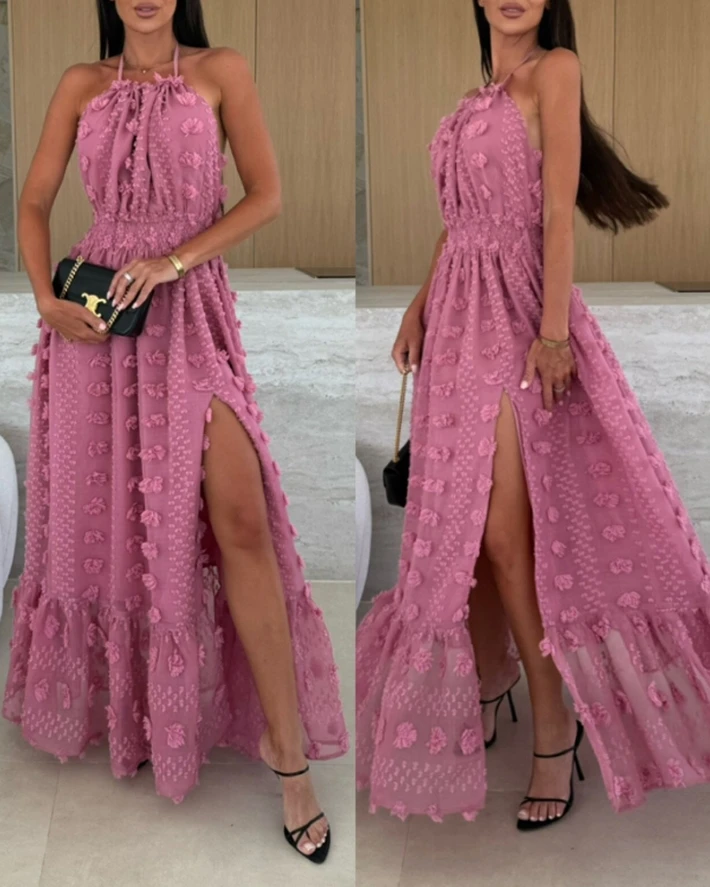 

2025 New 3D Flower Mesh Slit Evening Gown Backless Shirt Dress for Girls, Spliced Pleated Long Skirt In Stock