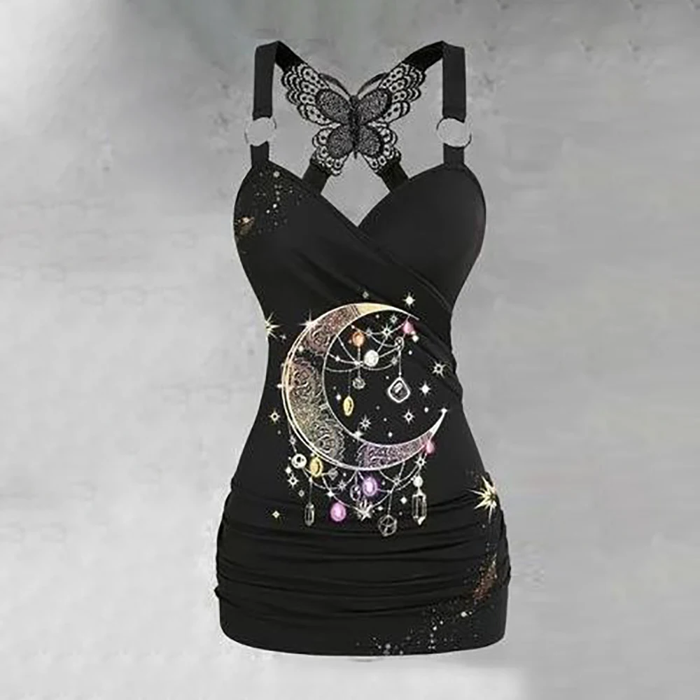 

Женский комплект из 2 предметов с принтом звездного неба, повседневный сексуальный жилет без рукавов с перекрестными бретелями и v-образным вырезом, топы, расклешенные брюки с прямыми штанинами, комплекты брюк