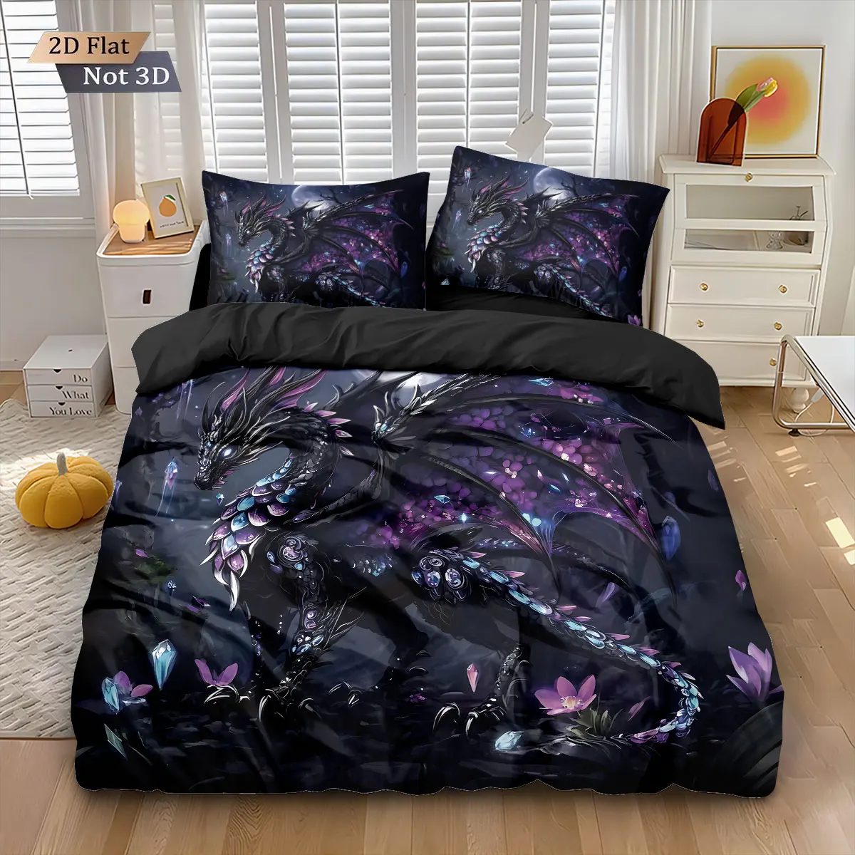 3pcs Sacred Western Dragon Seal Flower Core Free Down Duvet Cover Set, Multi Size Bedroom Bedding Decoration, Machine Washable