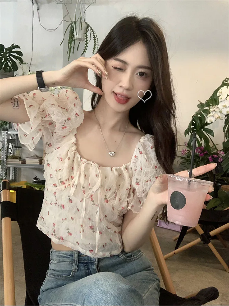 Blus wanita motif bunga, atasan Crop kerah persegi merah muda, baju kantor wanita Korea lengan Puff, baju Streetwear kualitas tinggi