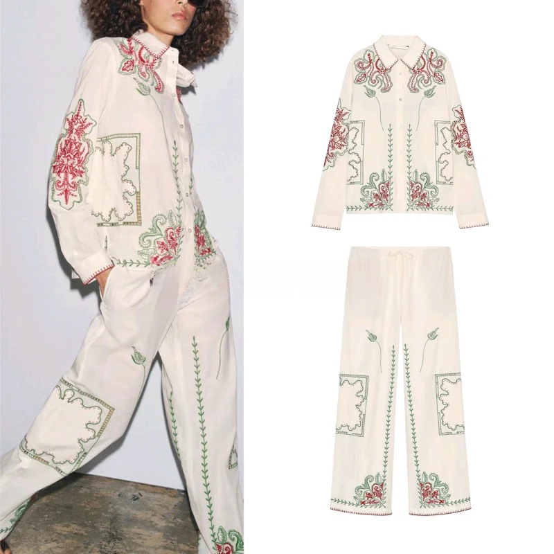 

Cotton Decorative Embroidery Long Sve irt Casual Pants Button up Sle Summer Faion Set Women's Clothing