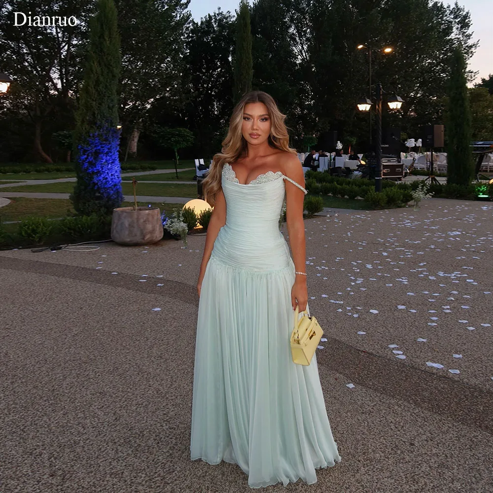 

Dianruo Dreamy Mint Green Evening Dresses Beaded Sparkly A Line Chiffon Dresses For Women Flowy Shiny Prom Gowns Customized