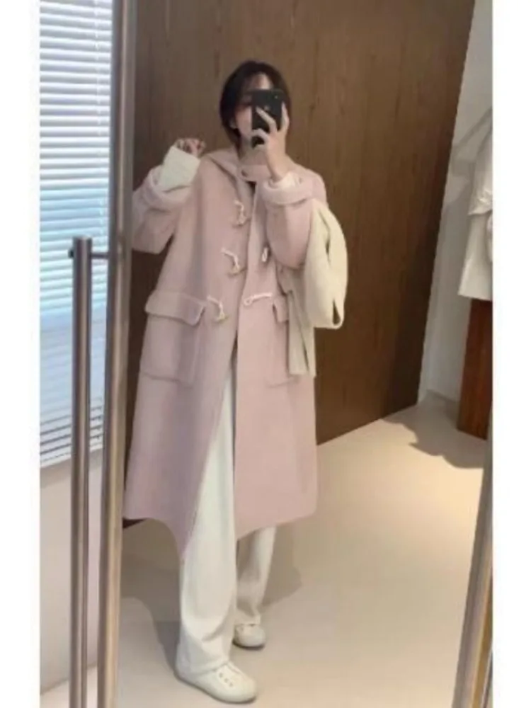 

Pink Horn Buckle Double-sided Fresh Wool Coat for Women in Autumn and Winter 2024 New Loose Solid Color Cute Little Wool Coat