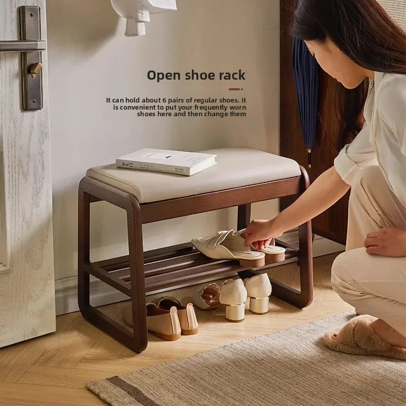 Light luxury solid wood shoe changing stool, household doorstep shoe wearing stool, soft cushioned bench, solid wood shoe rack