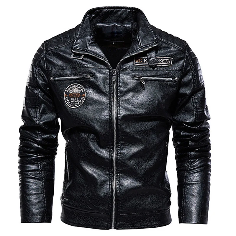 Green Leather Jacket Men Winter Fleece Motorcycle PU Bomber Leahter Jacket Male Stand Collar Casual Ropa De Hombre Slim Coat