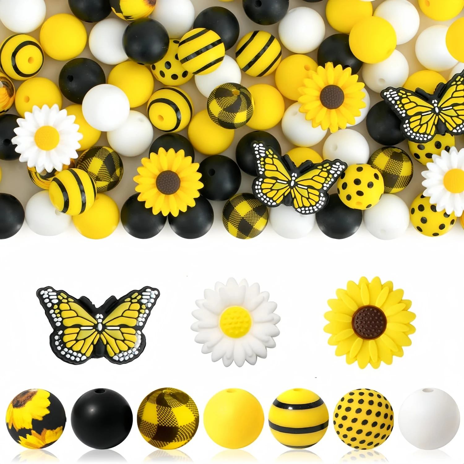 44/84Pcs Yellow Butterfly Silicone Beads White Daisy Shape Silicone Focus Beads Pen, Colorful Silicone Beads Bulk Diy, 15mm Silicone Beads Keychain Making Jewelry Crafts