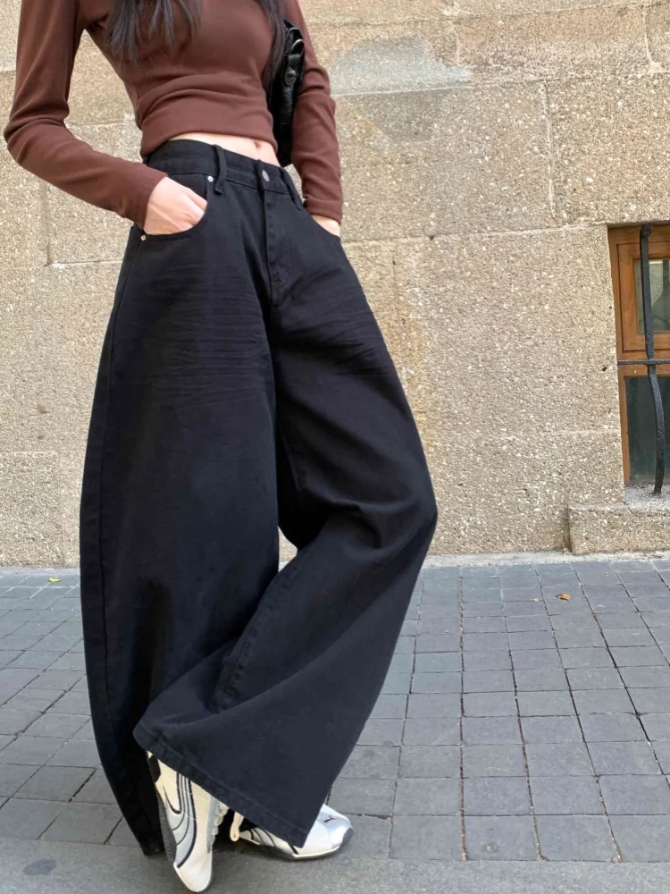 2025 Ropa Y2K Streetwear Black Pleated Casual Baggy Women's Jeans Pants For Woman Clothing Wide Leg Cotton Loose Long Trousers