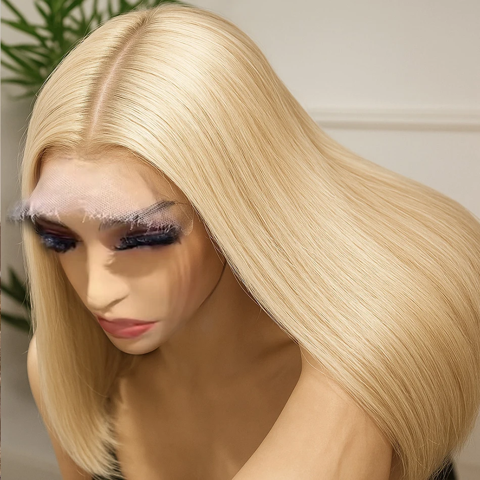 

613 Bone Straight Short Bob Wig Honey Blonde HD Парик из натуральных волос на кружеве спереди Предварительно выщипанные 13x4 Прозрачные кружевные фронтальные парики на продажу