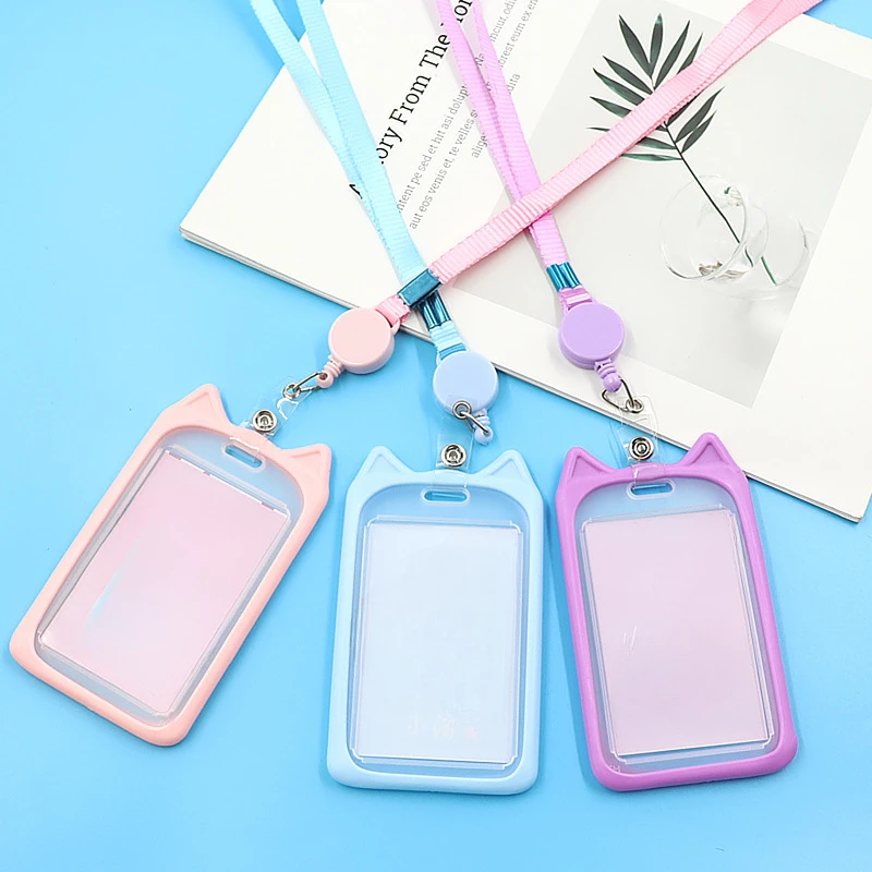 Cute Macaron Color Cat Ear Card Holder with Retractable Badge Reel ID Card Bus Bank Credit Card Protector Worker Name Tag Holder