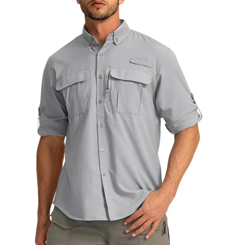 2026 Summer Men UPF 50 Plus Sun Protection Fishing Shirt Quick Dry Mesh Breathable Long Sleeve Hiking Outdoor Cargo Casual Tops