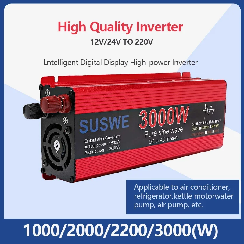(Free Alligator Clip)1000W/2000W/3000W Pure Sine Wave Car Inverter DC To AC 12V/24V 220V Power Inverter Voltage Converter